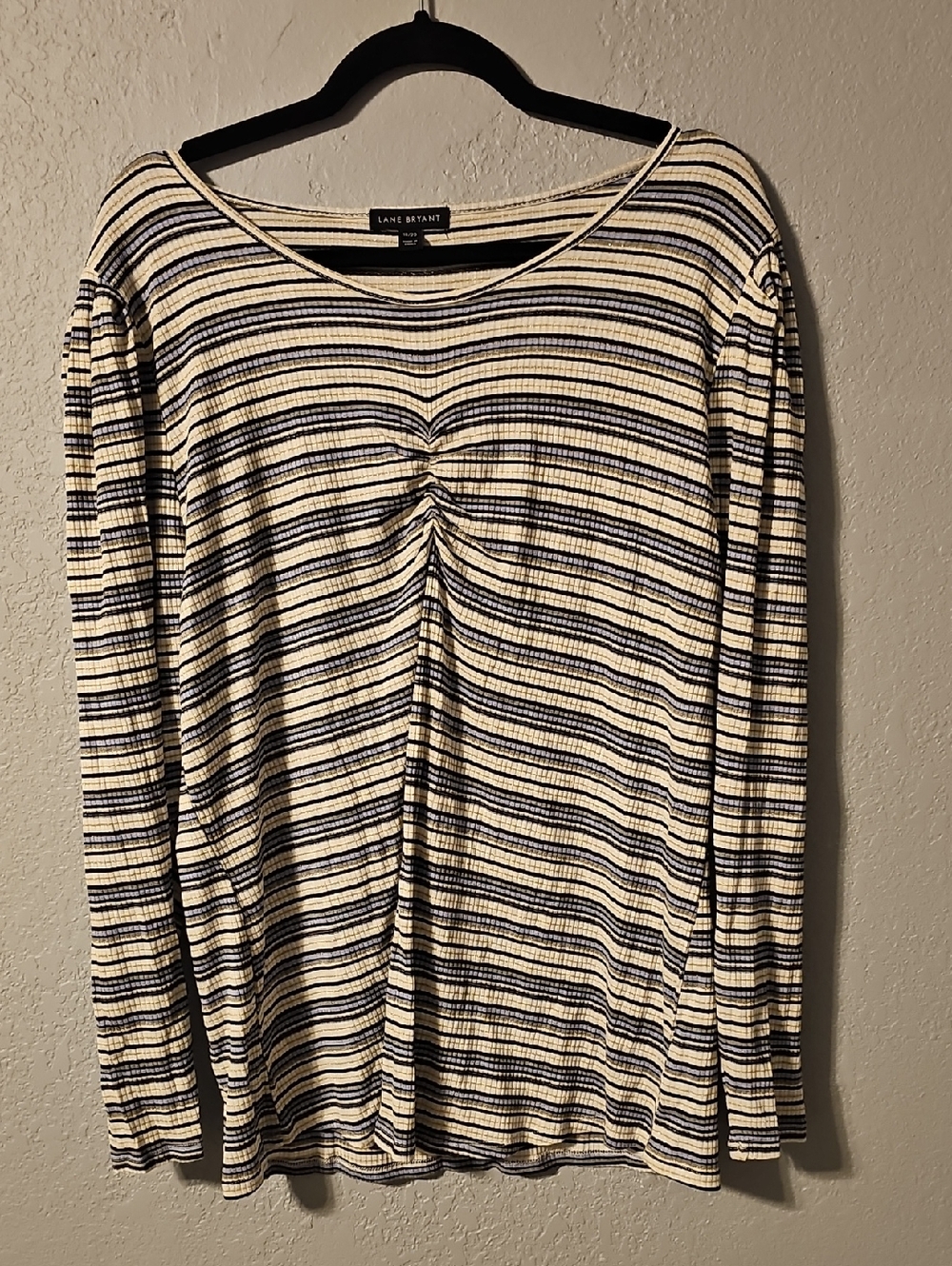 Lane Bryant Cream and Navy Striped Ruched Long Sleeve Tee